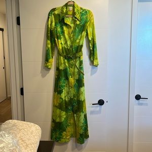 Vtg Vintage Retro Green Maxi Shirt Dress